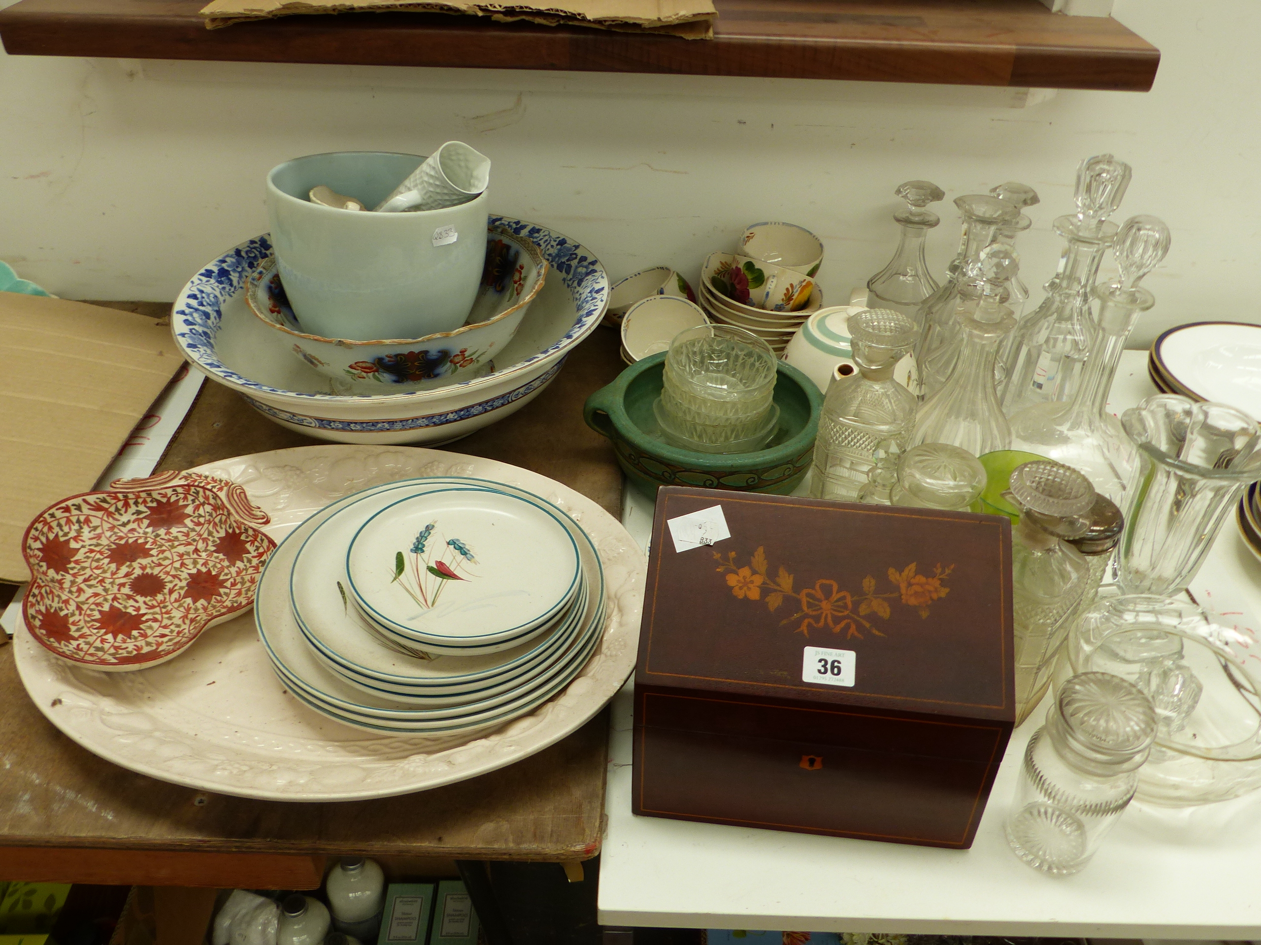 SIX VARIOUS DECANTERS, A LARGE WASH BOWL, OTHER CHINA WARES AND A EDWARDIAN MAHOGANY STATIONARY BOX.