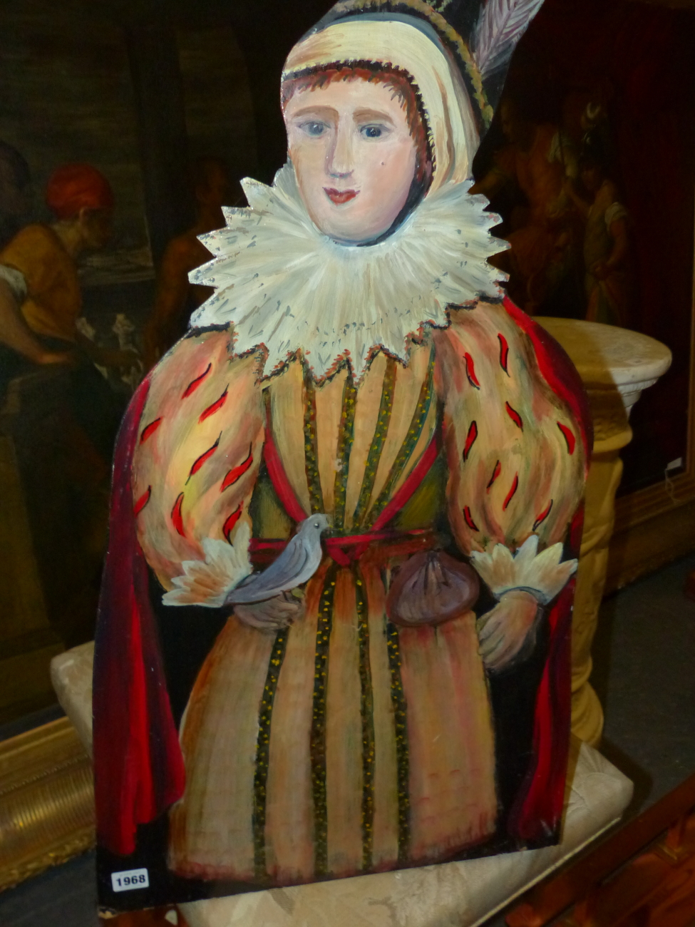 AN OIL PAINTED DUMMY BOARD DEPICTING AN ELIZABETHAN LADY OUT HAWKING. H 83cms.