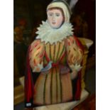 AN OIL PAINTED DUMMY BOARD DEPICTING AN ELIZABETHAN LADY OUT HAWKING. H 83cms.