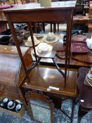 A MAHOGANY CUT WORK FRAMED RECTANGULAR MIRROR, A LINE INLAID MAHOGANY RECTANGULAR TWO TIER TABLE AND