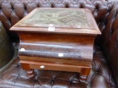 A VICTORIAN CARPET TOPPED MAHOGANY COMMODE STOOL ON BALUSTER LEGS