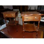 A PAIR OF YEW WOOD BEDSIDE TABLES, EACH WITH SHAPED SQUARE TOP OVER A DRAWER AND AN OPEN SHELF