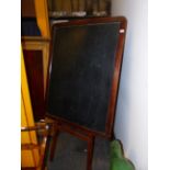A VINTAGE PINE EASEL AND PINE FRAMED BLACK BOARD. OVERALL HEIGHT 192cms.