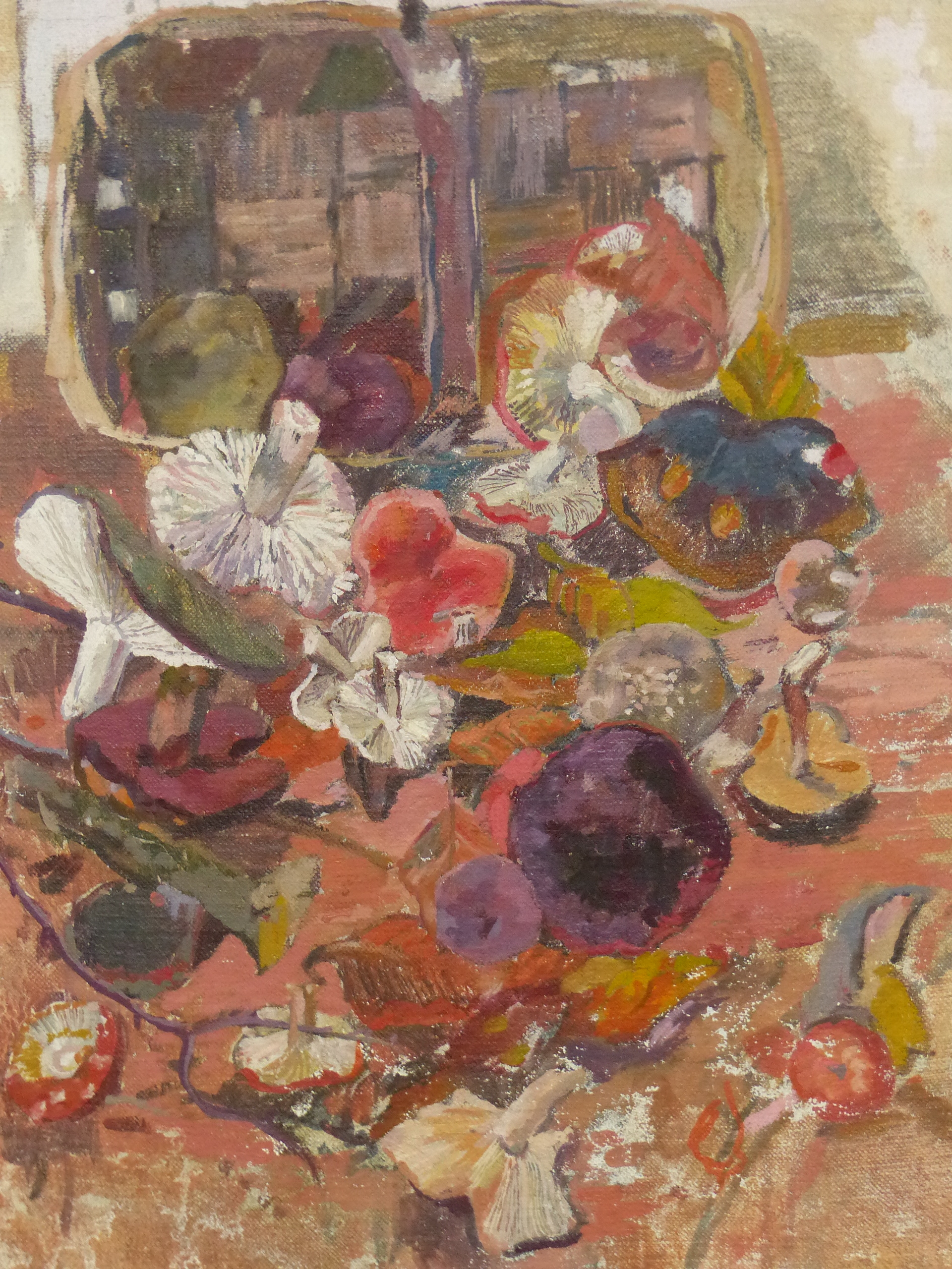 20th CENTURY SCHOOL. A BASKET OF MUSHROOMS, OIL ON CANVAS, 56 x 46cms.