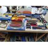 A LARGE COLLECTION OF HORNBY DUBLO TRAINS AND ROLLING STOCK TRACKSIDE ITEMS ETC.