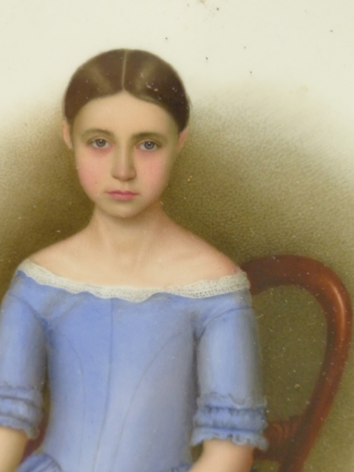 A GILT FRAMED PORTRAIT OF A DARK HAIRED GIRL ON MILK GLASS, SIGNED S CHESTERS 1848, SHE SITS BY A - Image 4 of 10