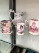 FOUR VICTORIAN POTTERY COMMEMORATIVE TANKARDS.