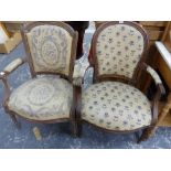 TWO SIMILAR ANTIQUE FRENCH WALNUT FAUTEUILS, ONE WITH CLOSE NAILED UPHOLSTERED ROUNDED BACK AND THE