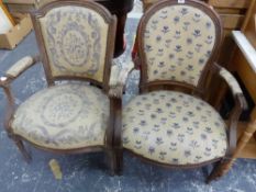 TWO SIMILAR ANTIQUE FRENCH WALNUT FAUTEUILS, ONE WITH CLOSE NAILED UPHOLSTERED ROUNDED BACK AND THE