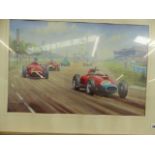 A COLOUR PRINT OF A GRAND PRIX RACE TRACK CIRCUIT AND VARIOUS CARS 39 x 60cm