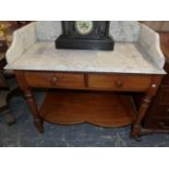 A VICTORIAN WHITE MARBLE TOPPED MAHOGANY WASH STAND WITH TWO DRAWERS ABOVE THE TAPERING CYLINDRICAL