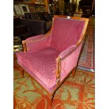 A PAIR OF FRENCH NEOCLASSIC FRUITWOOD SHOW FRAME ARMCHAIRS, THE SQUARED BACK ARMS AND SEATS UPHOLSTE