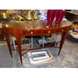 AN ITALIAN ART DECO STYLE ROSE WOOD DEMILUNE CONSOLE TABLE, THE RADIATING VENEERS OF THE TOP ABOVE