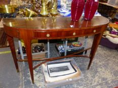 AN ITALIAN ART DECO STYLE ROSE WOOD DEMILUNE CONSOLE TABLE, THE RADIATING VENEERS OF THE TOP ABOVE