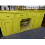 A VICTORIAN PAINTED PINE LARGE DRESSER BASE. W 217 X D 46 X H 103cms.