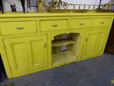 A VICTORIAN PAINTED PINE LARGE DRESSER BASE. W 217 X D 46 X H 103cms.