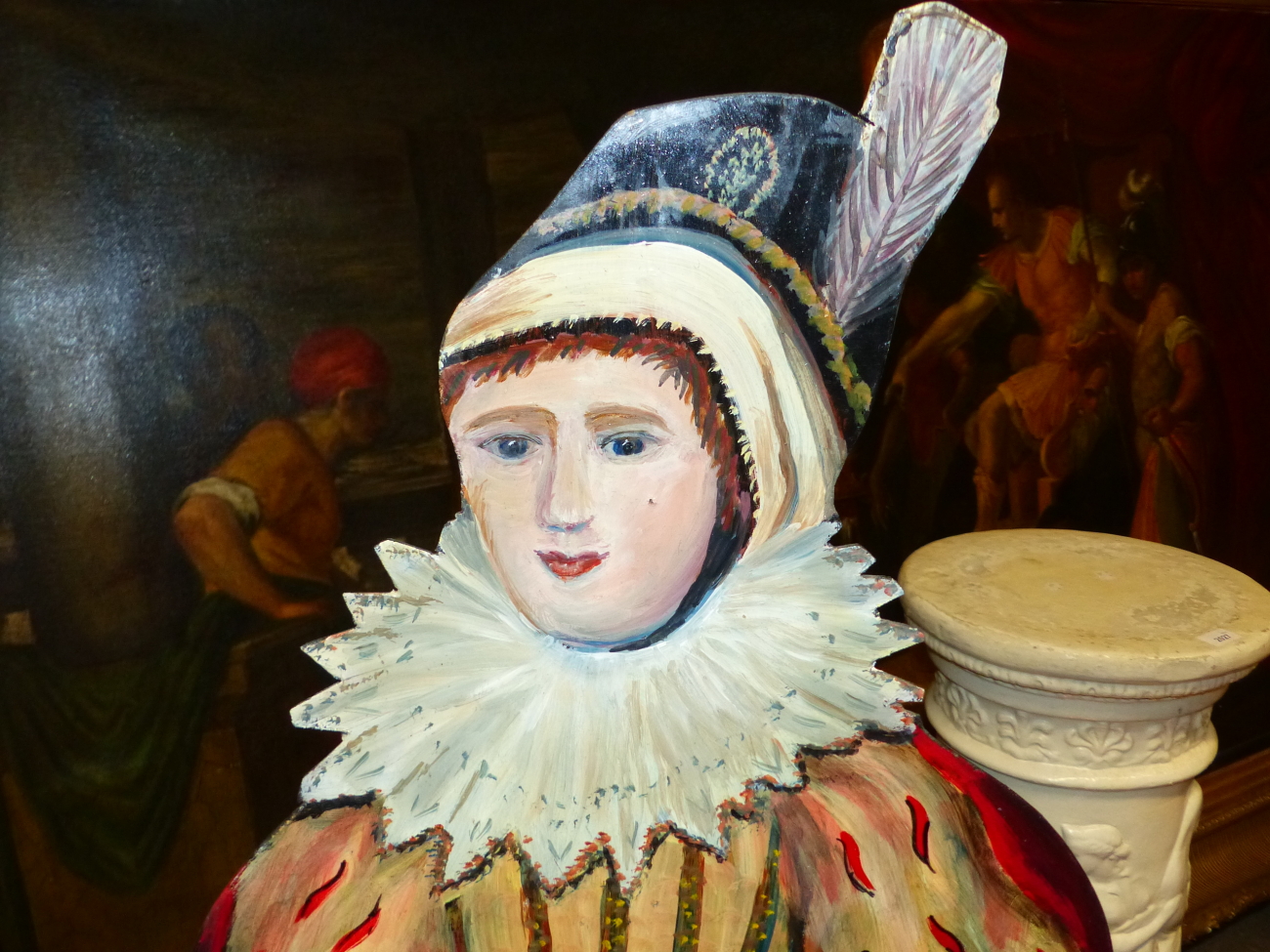 AN OIL PAINTED DUMMY BOARD DEPICTING AN ELIZABETHAN LADY OUT HAWKING. H 83cms. - Image 4 of 5