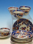 THREE CHINESE IMARI TEA BOWLS AND SIX SAUCERS, TWO OTHER CHINESE IMARI TEA BOWLS AND A JAPANESE