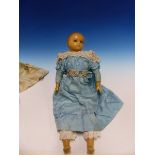 A 19th C. SLEEPY EYED WAX DOLL IN A BLUE SILK DRESS BUT WITH SPARE CLOTHES IN SIDE A BOX DECORATED