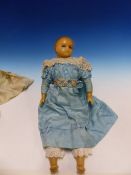 A 19th C. SLEEPY EYED WAX DOLL IN A BLUE SILK DRESS BUT WITH SPARE CLOTHES IN SIDE A BOX DECORATED