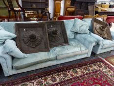 A TWO SEAT SETTEE EN SUITE WITH AN ARMCHAIR UPHOLSTERED IN SKY BLUE VELVET, THE MAHOGANY LEGS ON