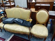 A FRENCH MAHOGANY TWO SEAT SHOW FRAME SETTEE MATCHED TO A MAHOGANY SIDE CHAIR, BOTH WITH SHELLS