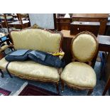 A FRENCH MAHOGANY TWO SEAT SHOW FRAME SETTEE MATCHED TO A MAHOGANY SIDE CHAIR, BOTH WITH SHELLS