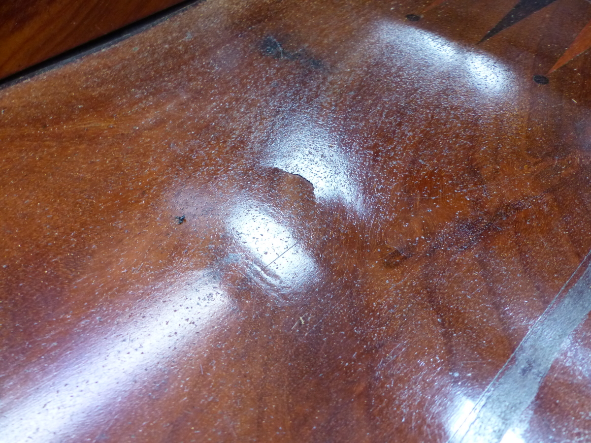 A REGENCY MAHOGANY FLAP TOP GAMES TABLE, THE CENTRAL CHESS BOARD SLIDING OUT TO REVEAL A RECESSED BA - Image 3 of 7