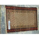 AN ANTIQUE PERSIAN TRIBAL RUG. 160 x 112cm TOGETHER WITH BELOUCH MAT, 112 x 79cm AND TWO TRIBAL BAG