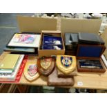 A BOXED DRAUGHTMANS SET, A CASED VINTAGE NAIL SET, CASED CUTLERY, SERVERS AND COFFEE SPOONS, A SET