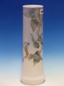 A ROYAL COPENHAGEN CYLINDRICAL VASE PAINTED WITH MORNING GLORY. H 36cms.