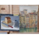 TWO UNFRAMED 20th CENTURY WORKS, A STILL LIFE AND AN ITALIAN TOWN VIEW, LARGEST 48 x 33cm (2)