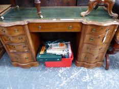 A VICTORIAN MAHOGANY PEDESTAL DESK, THE GREEN LEATHER INSET TOP ABOVE A CENTRAL DRAWER FLANKED BY