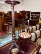 A CIRCULAR SEATED MAHOGANY SIDE CHAIR, A FLORAL NEEDLE WORKED FOOT STOOL TOGETHER WITH A MAHOGANY