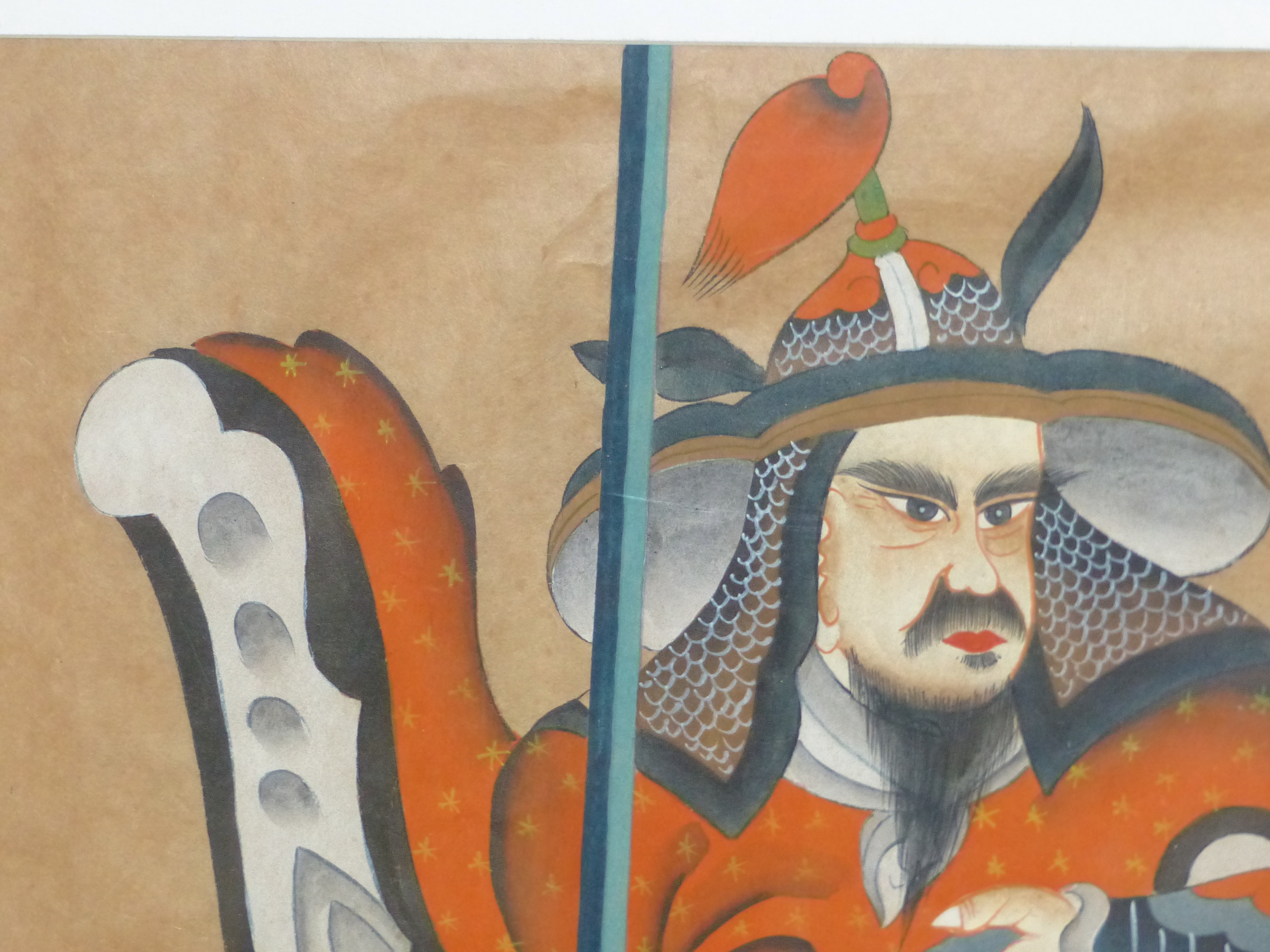 A CHINESE WATERCOLOUR DEPICTING A WARRIOR STANDING HOLDING A LONG BLADED SPEAR. 66 x 45cms. - Image 6 of 8