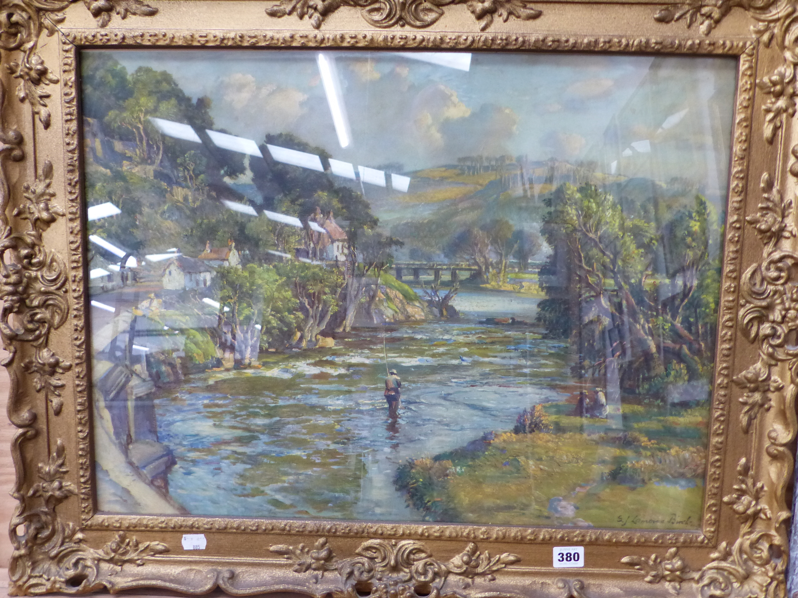 A GILT FRAMED PICTURE OF A RIVERSCAPE AFTER S.J LAMONA BIRCH
