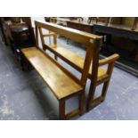TWO SMALL PINE HALL SETTLES. EACH APPROX W 147 X D 37 X H 95CMS.