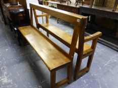 TWO SMALL PINE HALL SETTLES. EACH APPROX W 147 X D 37 X H 95CMS.