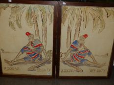 AFRICAN SCHOOL 20th CENTURY. A PAIR OF COMIC FIGURE STUDIES, WATERCOLOURS75 x 54cms (2).