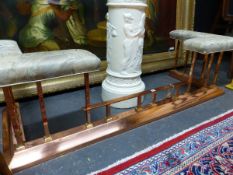 A COPPER CLUB FENDER, THE UPHOLSTERED SEATS AT EACH END ON SQUARE COLUMNS AND THE PLINTH FOOT. W 176