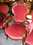 TWO SIMILAR VICTORIAN MAHOGANY SHOW FRAME ARMCHAIRS, THE BACK PADS, ELBOW RESTS AND SEATS UPHOLSTERE