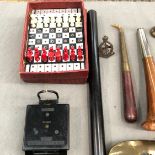 A HUNTING HORN, A GILDERS TOOL, TOBACCO BOX, A MILITARY COMPASS, ETC