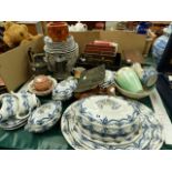 AN EDWARDIAN BLUE AND WHITE PART DINNER SERVICE, A BRASS FIRE MARK, STATIONERY BOX, AND A