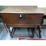 AN 18th C. OAK BIBLE BOX ON AN ASSOCIATED STAND. W 71 X D 45 X H 73cms.