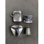 A HALLMARKED SILVER VESTA CASE, A 925 STAMP CASE, A SILVER THIMBLE, AND A SMALL PILL BOX.