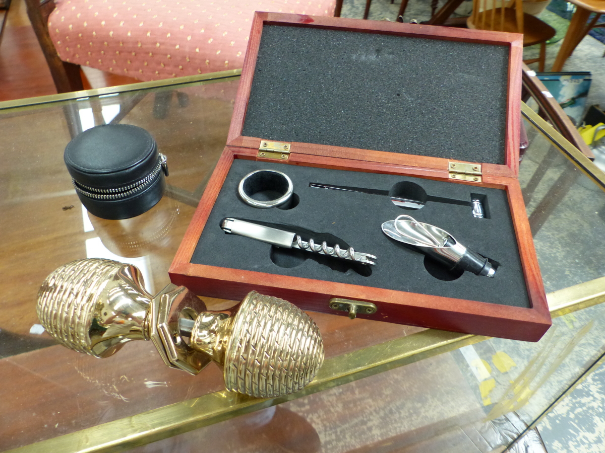 A LARGE BRASS BOUND TABLE TOP MODEL DISPLAY CASE, MODEL CANNON, WINE ACCOUTREMENTS, ETC. - Image 4 of 10