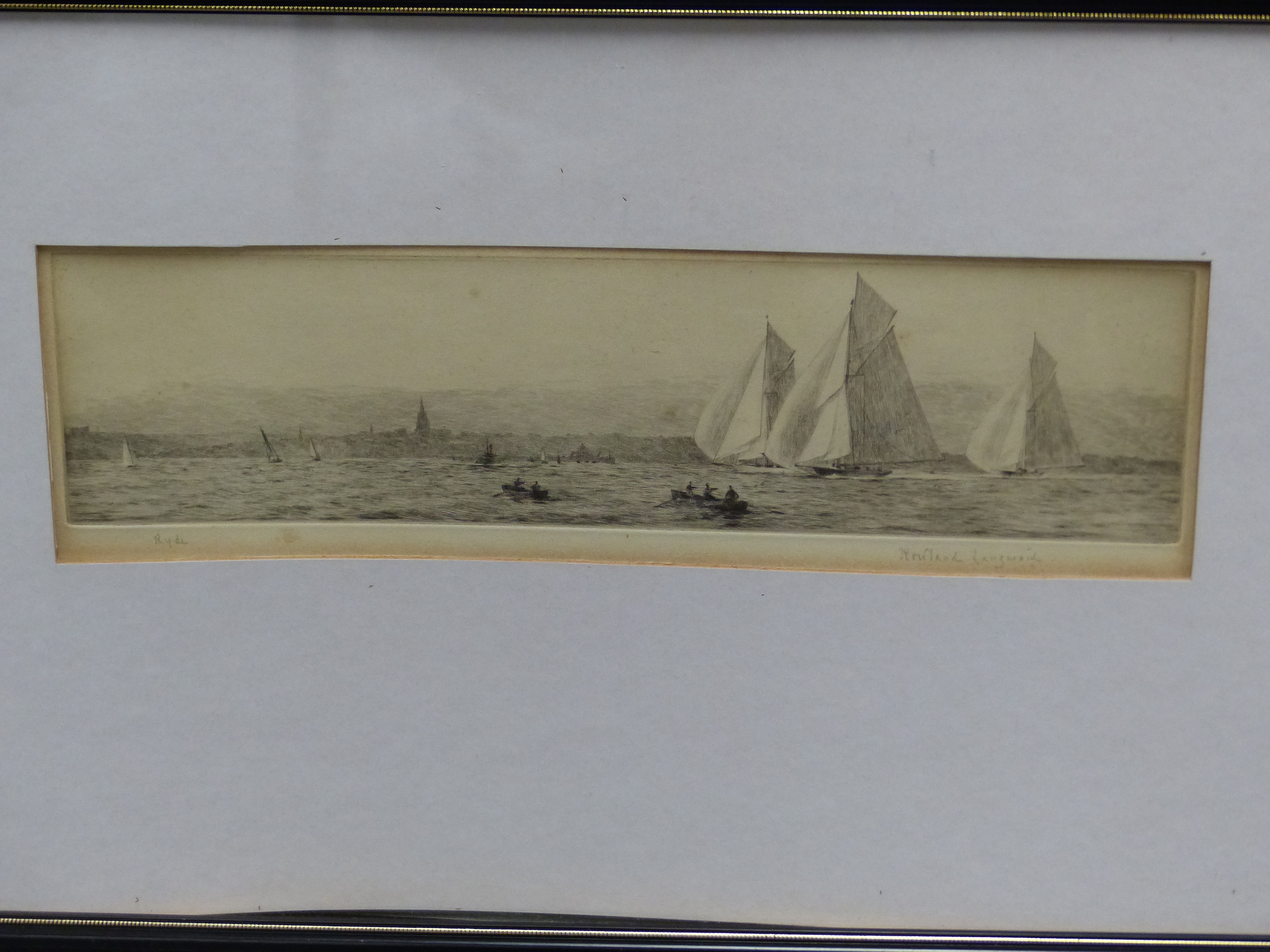 ROWLAND LANGMAID (1897 - 1956). SAILING VESSELS OFF RYDE. PENCIL SIGNED ETCHING. 10 x 34cms. - Image 4 of 9