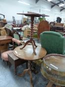 A ANTIQUE MAHOGANY RECTANGULAR TOPPED TRIPOD TABLE WITH BOBBIN TURNED COLUMN. W 52 x D 36 x H 70cms.