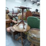 A ANTIQUE MAHOGANY RECTANGULAR TOPPED TRIPOD TABLE WITH BOBBIN TURNED COLUMN. W 52 x D 36 x H 70cms.