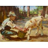 URSELLA (CONTEMPORARY SCHOOL). FEEDING TIME. OIL ON CANVAS, SIGNED. 56 x 72cms.
